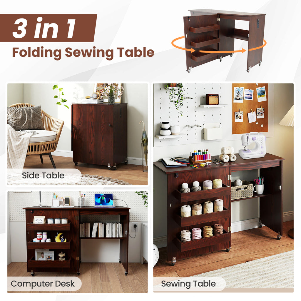 Sewing Machine Table with Charging Station - Brown