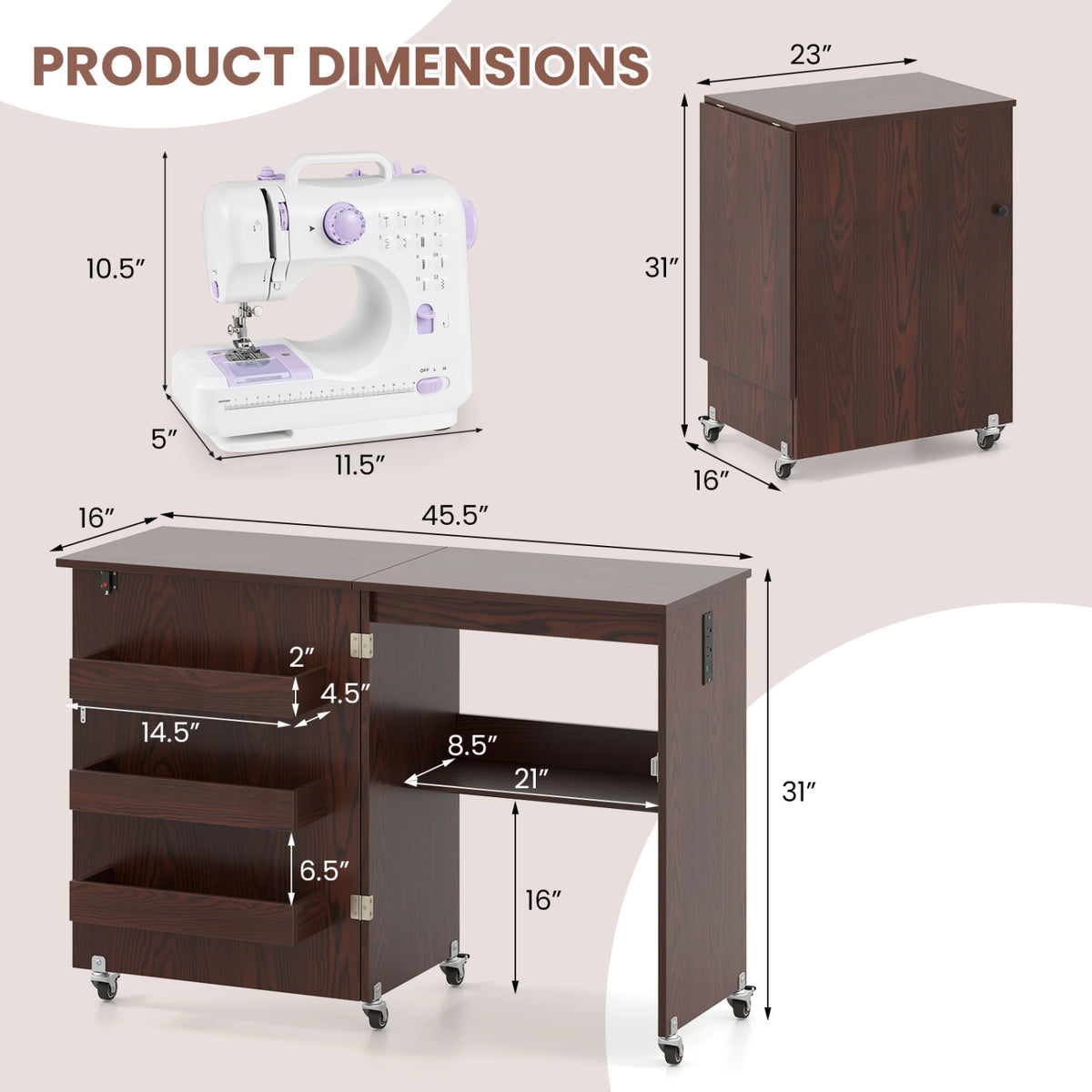 Sewing Machine Table with Charging Station - Brown