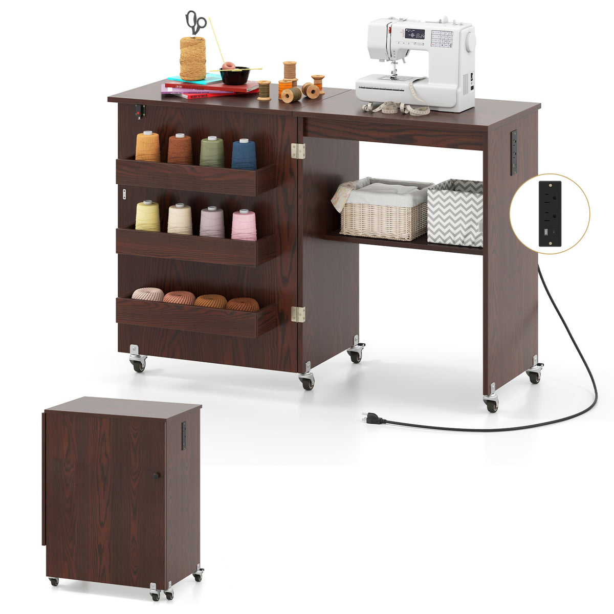 Sewing Machine Table with Charging Station - Brown