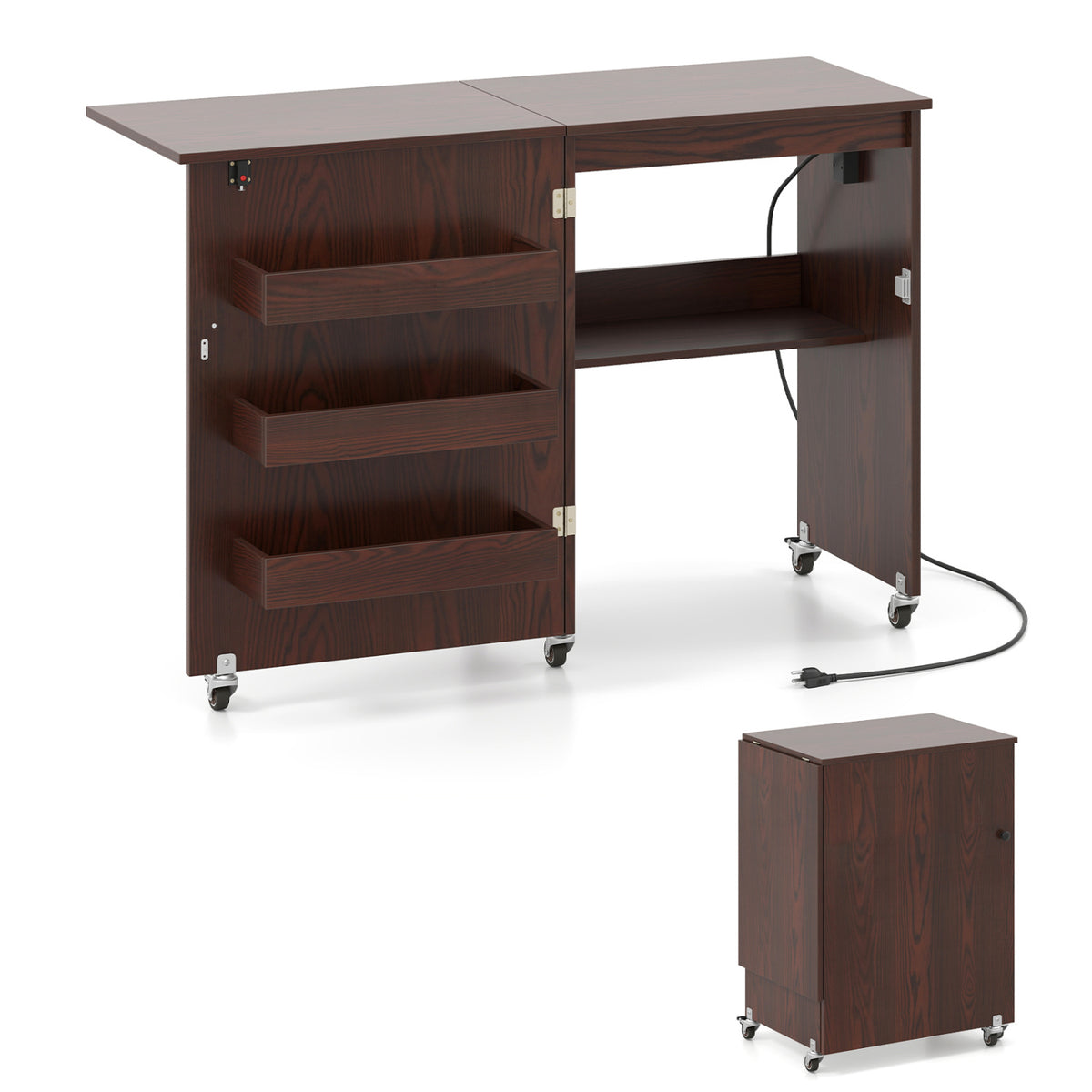 Sewing Machine Table with Charging Station - Brown