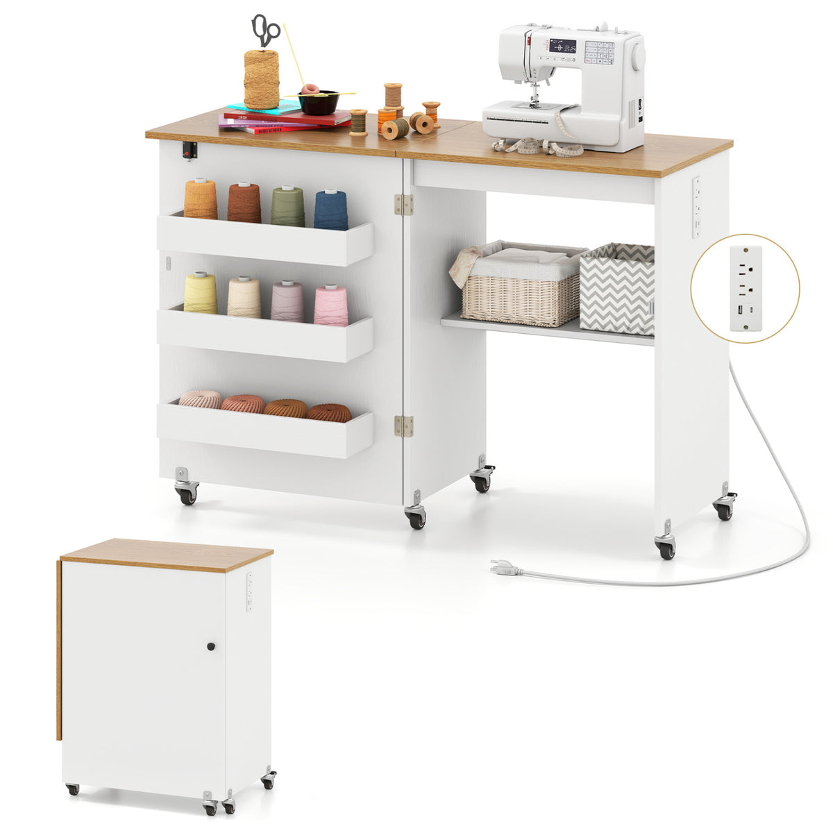 Sewing Machine Table with Charging Station - Brown