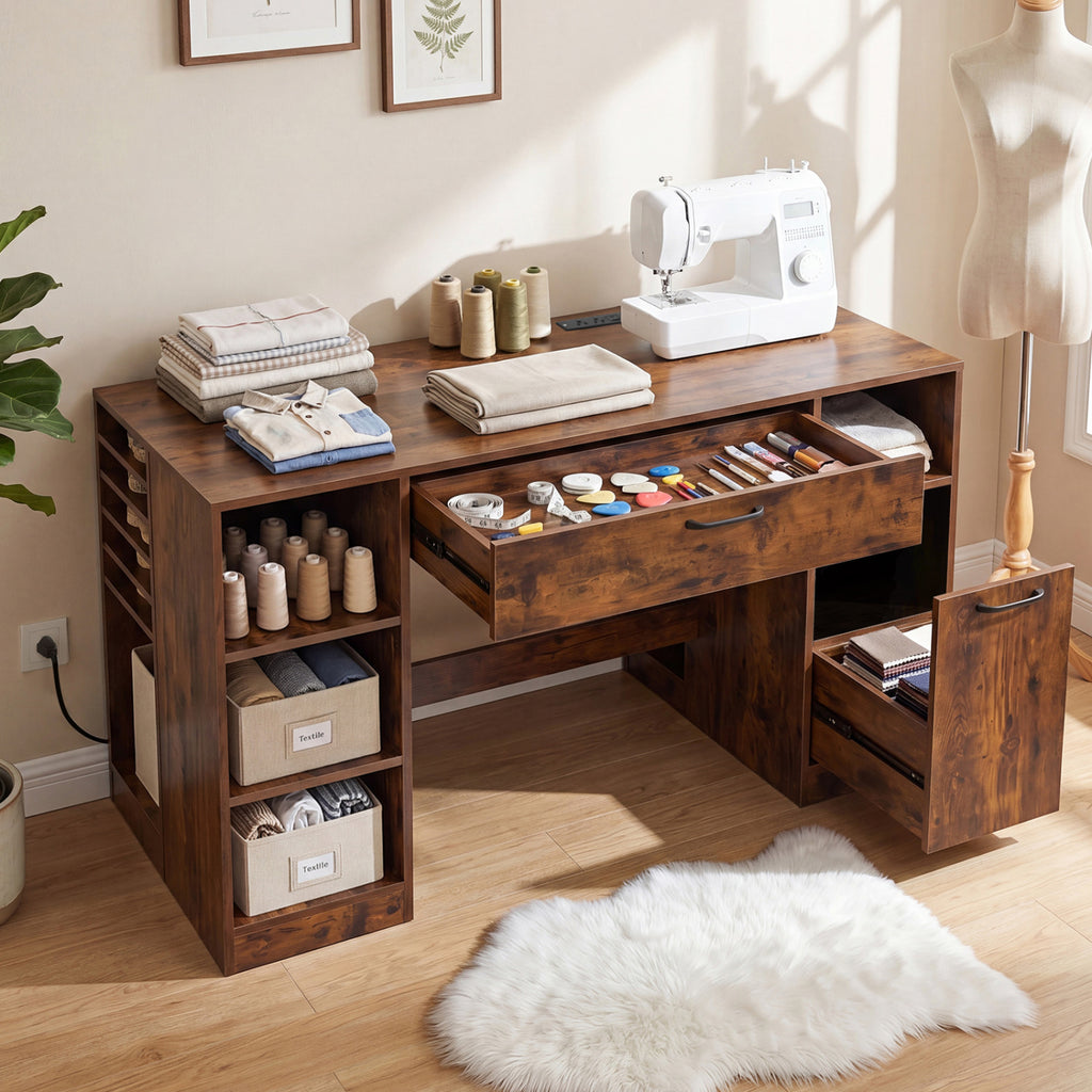 Sewing Table with Power Outlets Craft Station Desk 2 Drawers Open