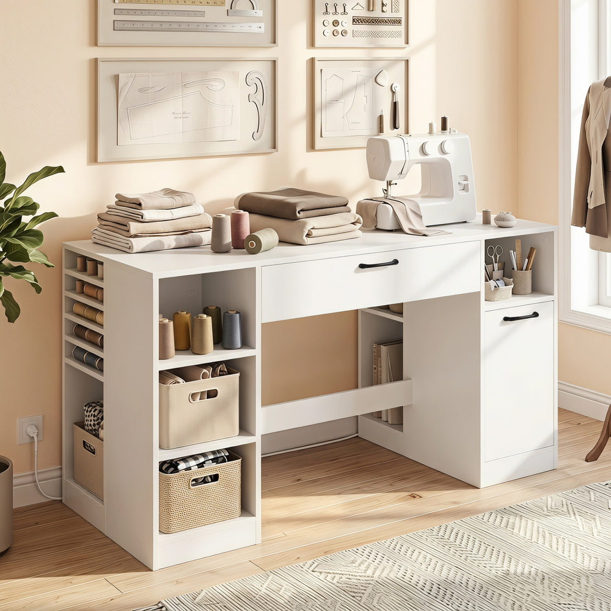 Sewing Table with Power Outlets Craft Station Desk 2 Drawers Open