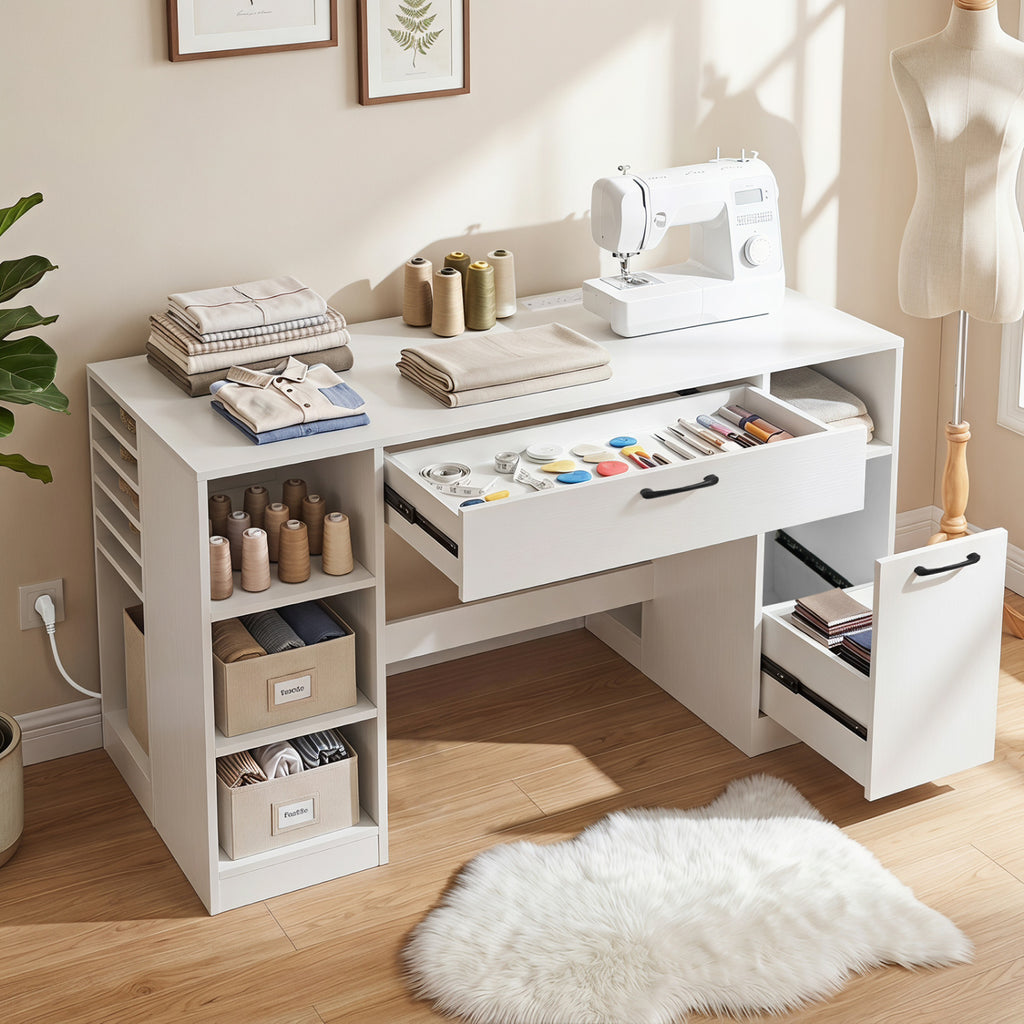 Sewing Table with Power Outlets Craft Station Desk 2 Drawers Open