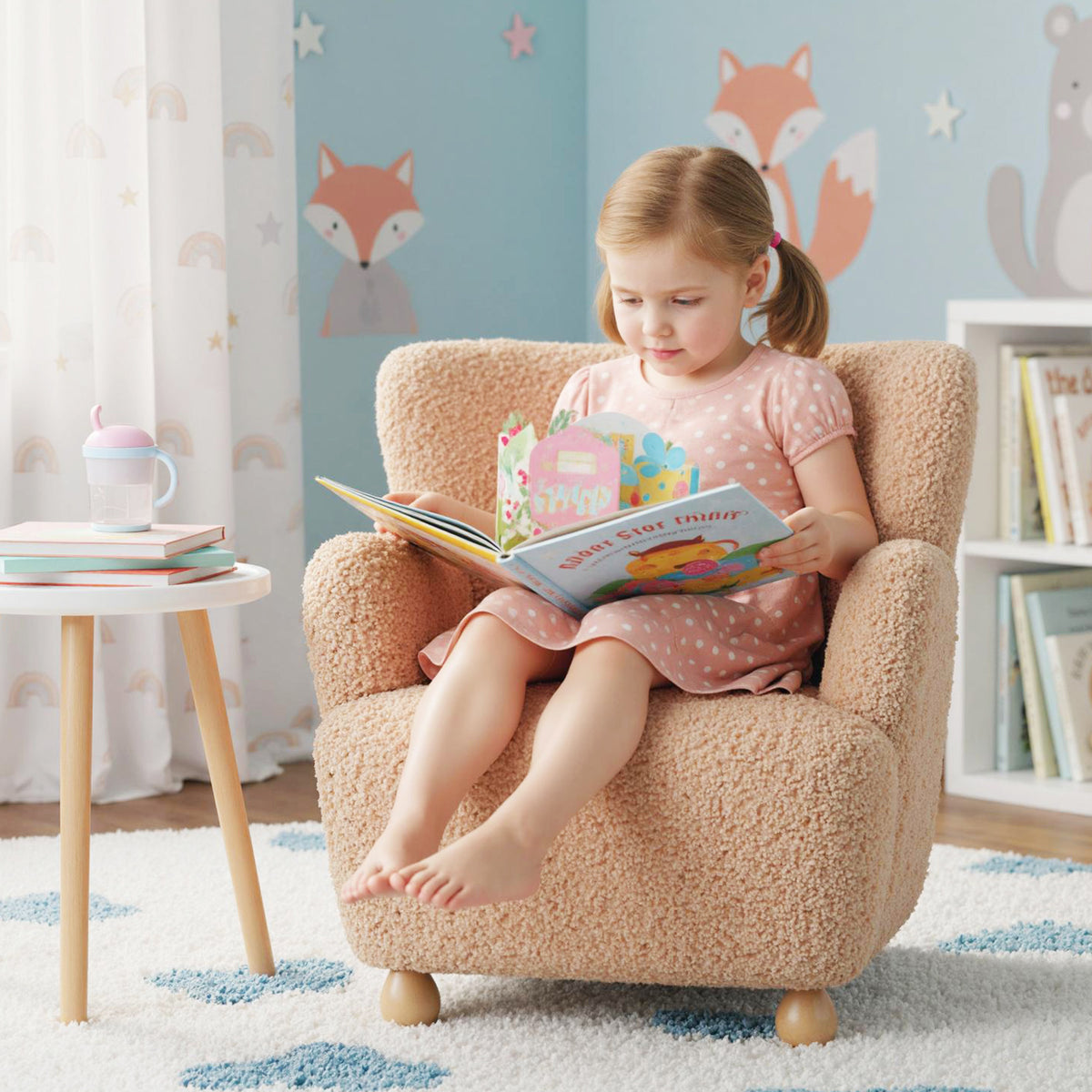 Pink Sherpa Kids Sofa Armchair with Solid Rubber Wood Legs for Toddlers