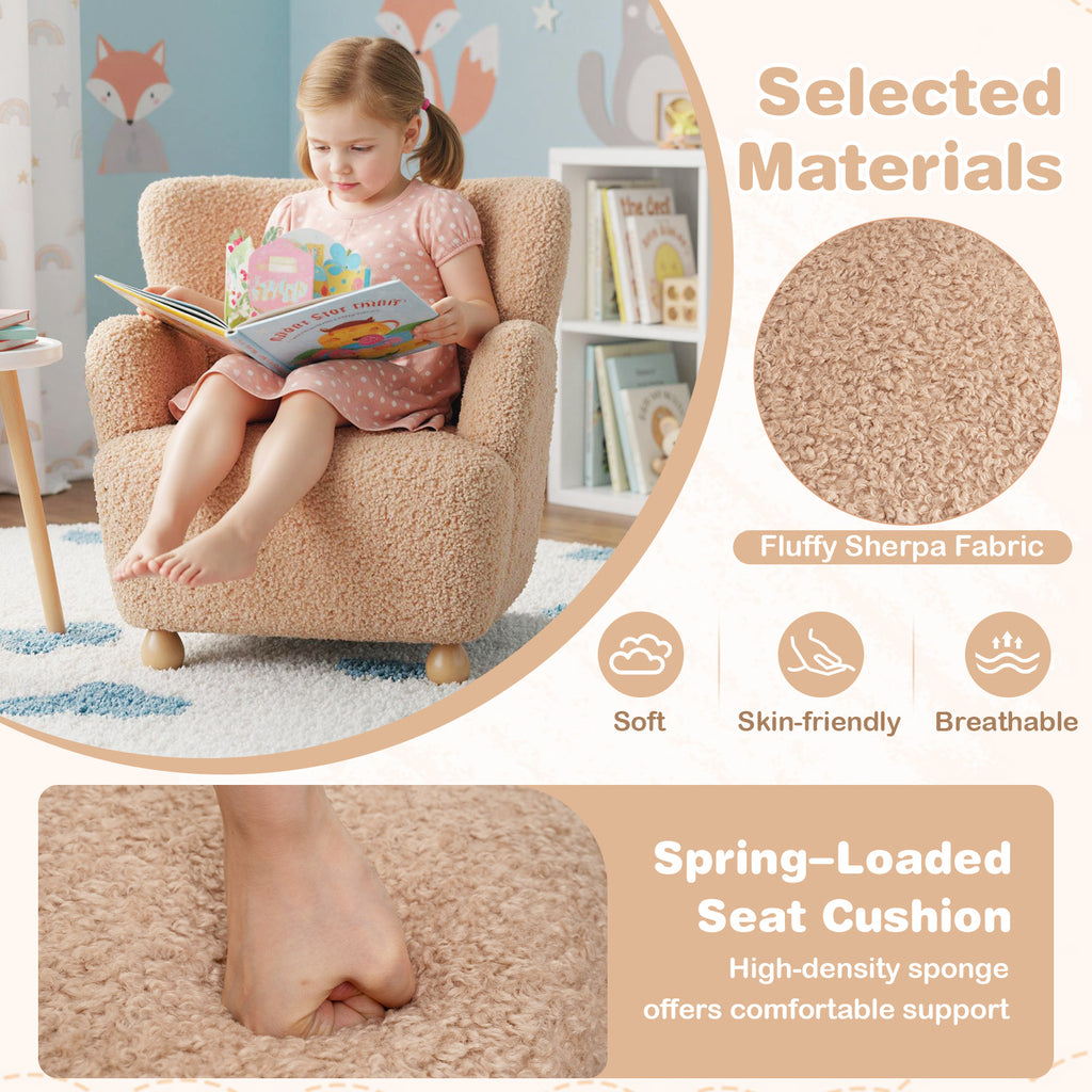 Pink Sherpa Kids Sofa Armchair with Solid Rubber Wood Legs for Toddlers