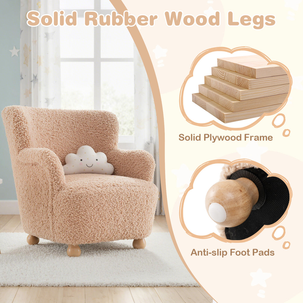 Pink Sherpa Kids Sofa Armchair with Solid Rubber Wood Legs for Toddlers
