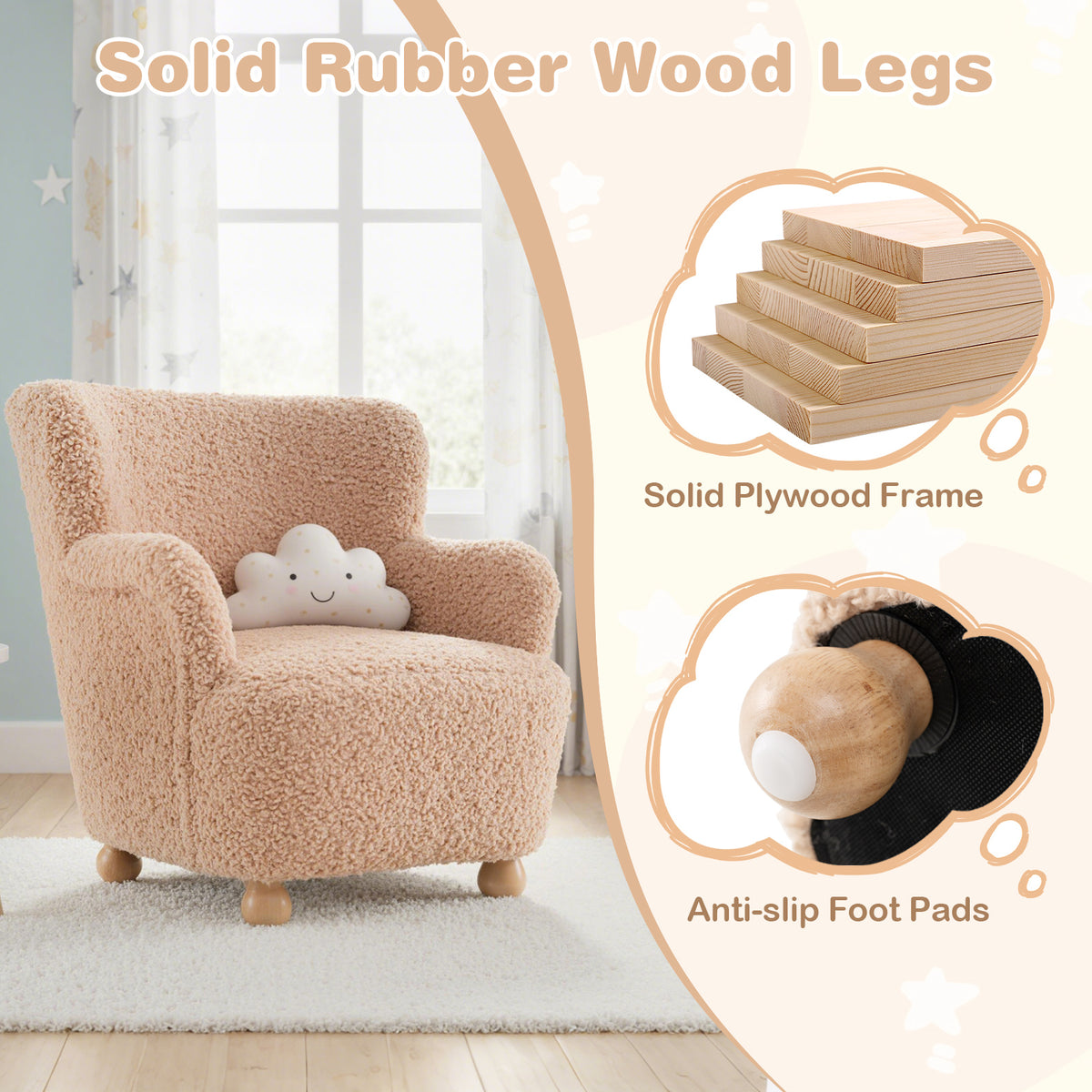 Pink Sherpa Kids Sofa Armchair with Solid Rubber Wood Legs for Toddlers
