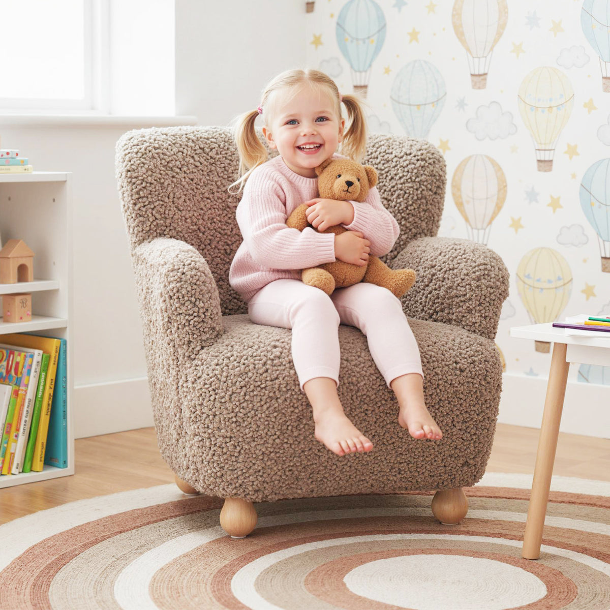 Brown Sherpa Kids Sofa Armchair with Solid Rubber Wood Legs - Toddler Chair