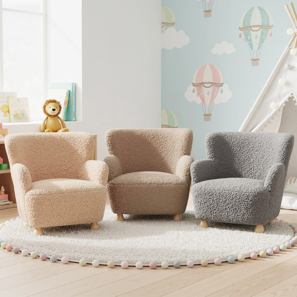 Brown Sherpa Kids Sofa Armchair with Solid Rubber Wood Legs - Toddler Chair