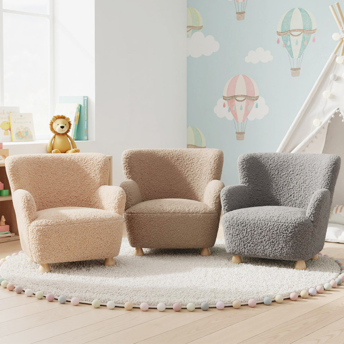 Brown Sherpa Kids Sofa Armchair with Solid Rubber Wood Legs - Toddler Chair