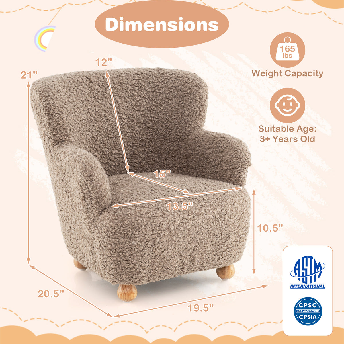 Brown Sherpa Kids Sofa Armchair with Solid Rubber Wood Legs - Toddler Chair