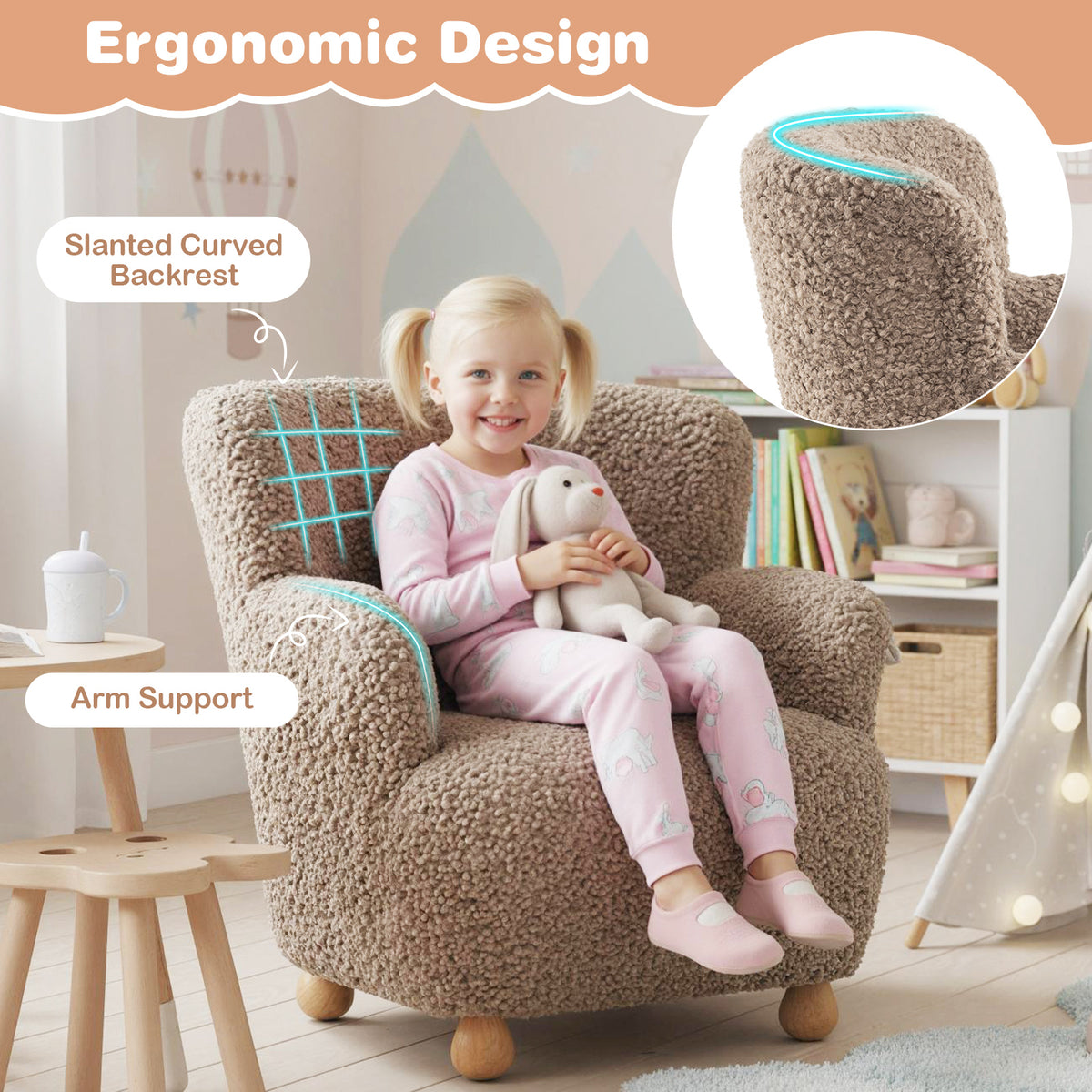 Brown Sherpa Kids Sofa Armchair with Solid Rubber Wood Legs - Toddler Chair