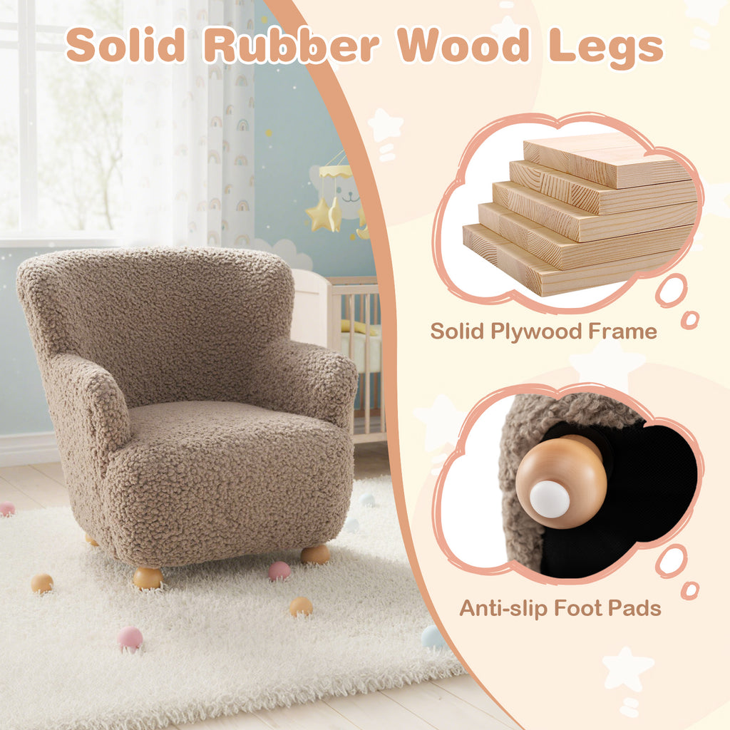 Brown Sherpa Kids Sofa Armchair with Solid Rubber Wood Legs - Toddler Chair
