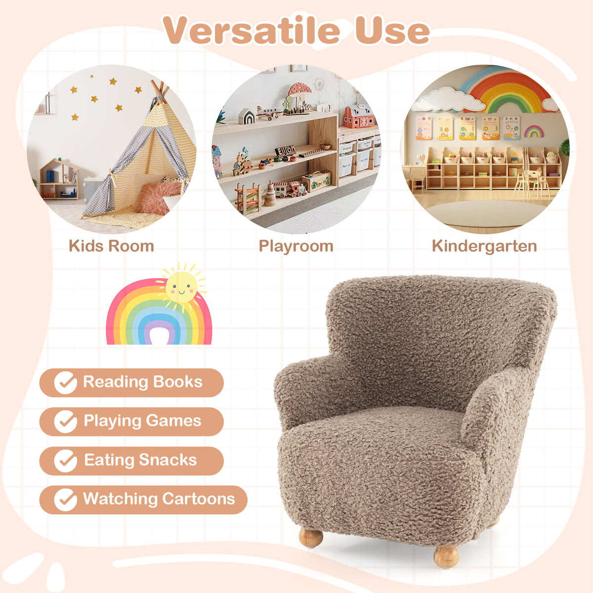 Brown Sherpa Kids Sofa Armchair with Solid Rubber Wood Legs - Toddler Chair