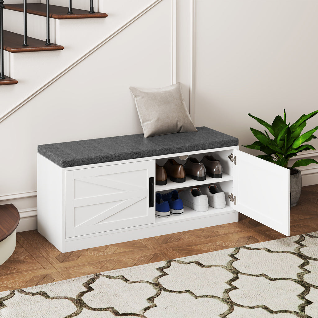 Farmhouse Shoe Bench with Cushion & Barn Doors, White