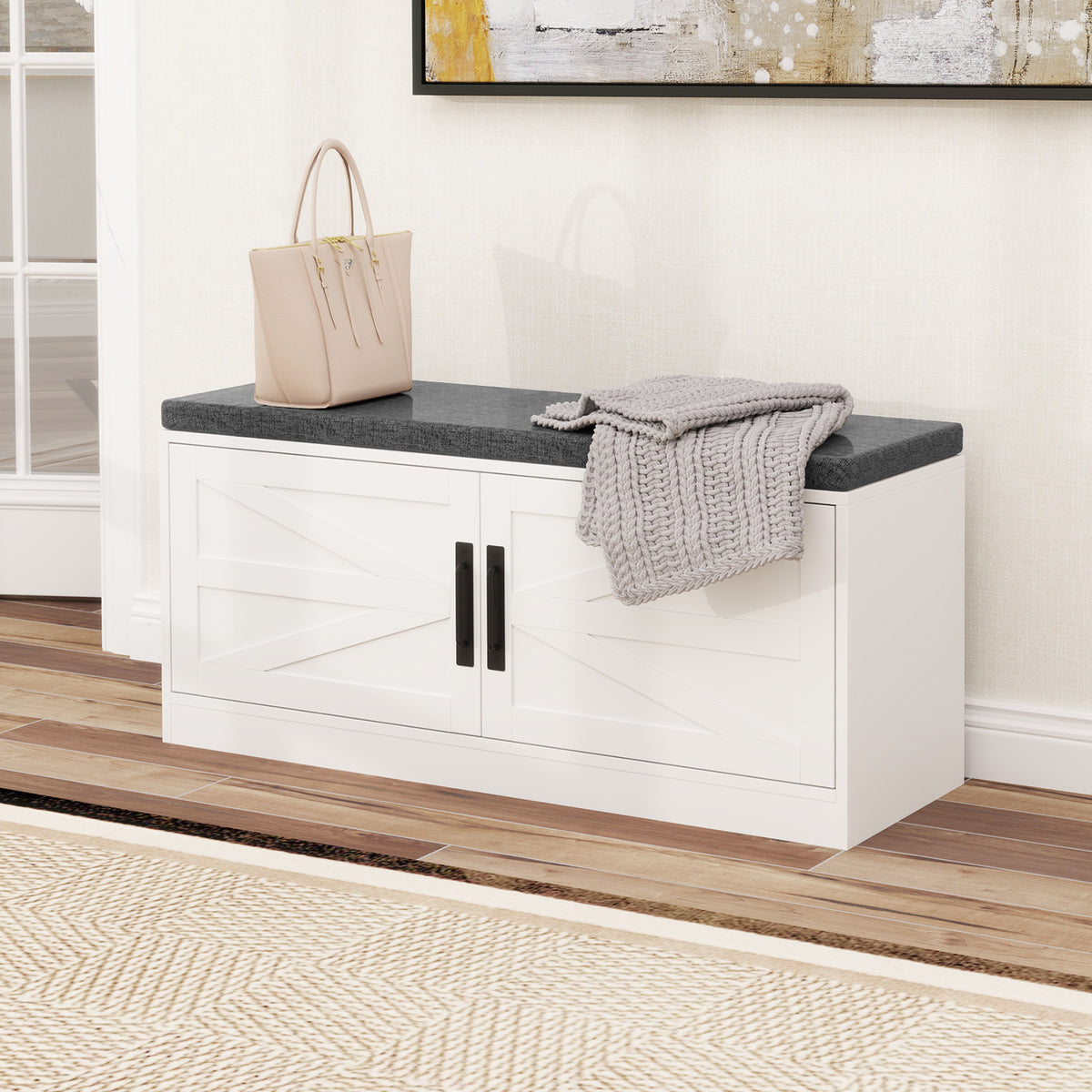 Farmhouse Shoe Bench with Cushion & Barn Doors, White