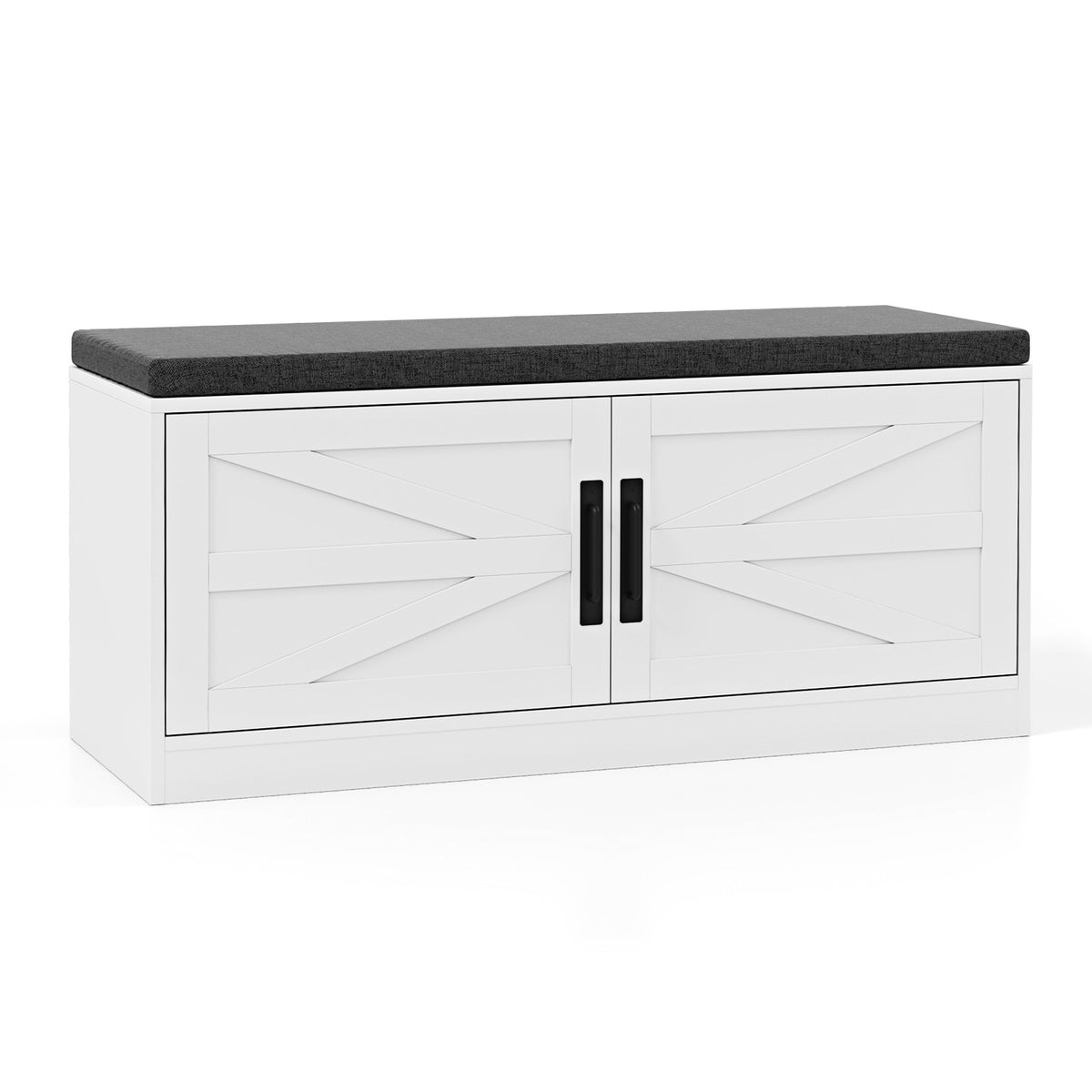 Farmhouse Shoe Bench with Cushion & Barn Doors, White