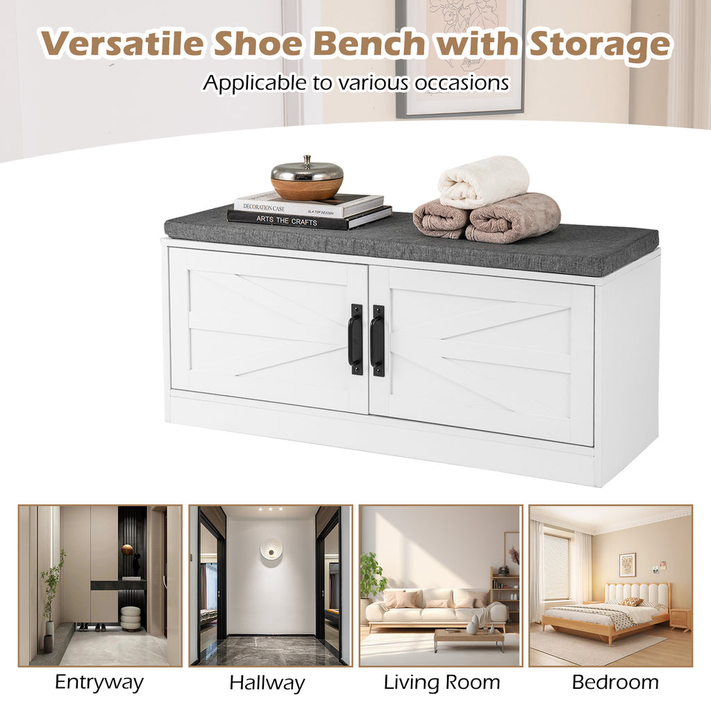 Farmhouse Shoe Bench with Cushion & Barn Doors, White