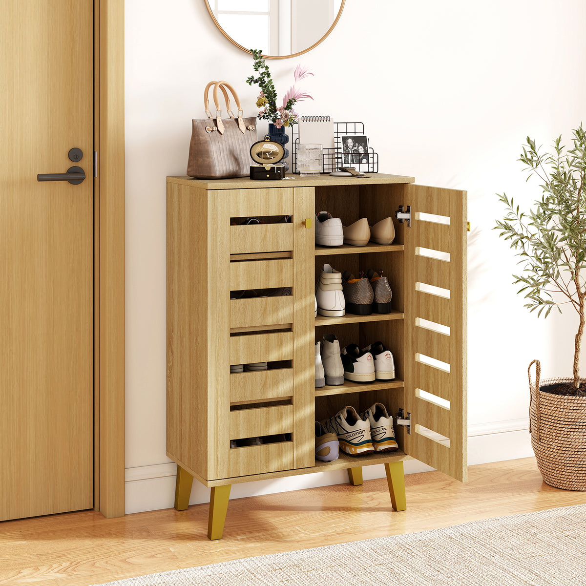 4-Tier Wooden Shoe Cabinet with Doors, Oak