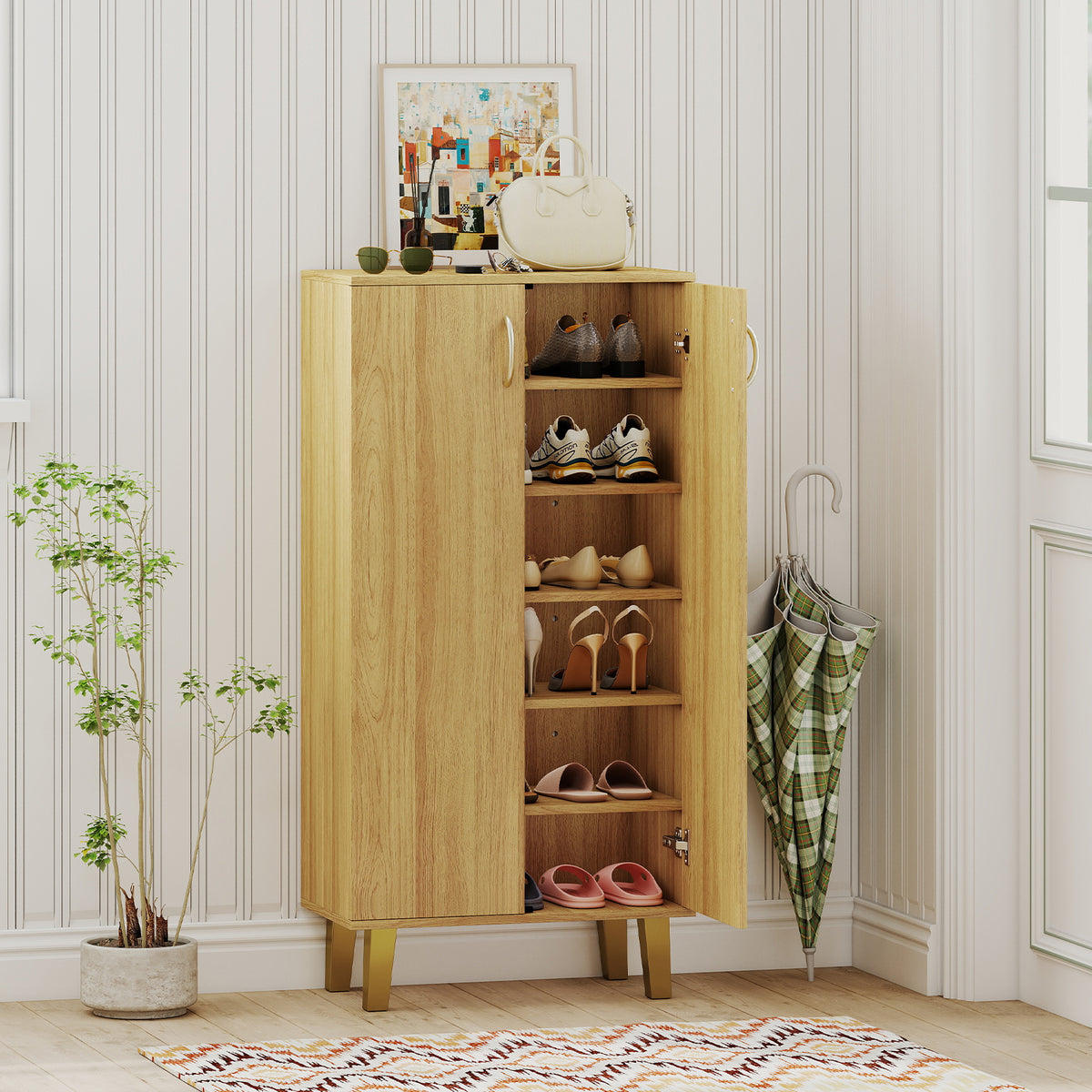 6-Tier Wooden Shoe Cabinet with Doors and Removable Shelves - Oak
