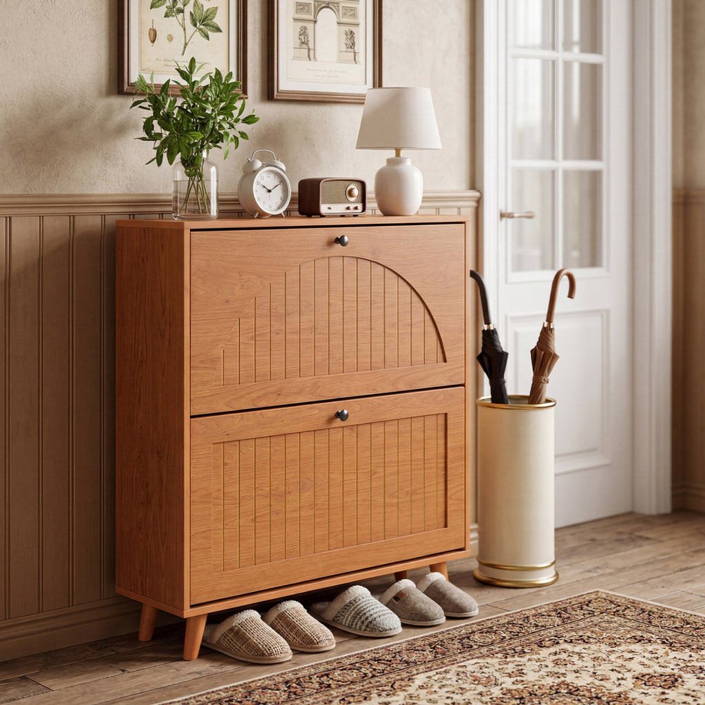 Narrow Shoe Cabinet with Adjustable Shelves - Oak