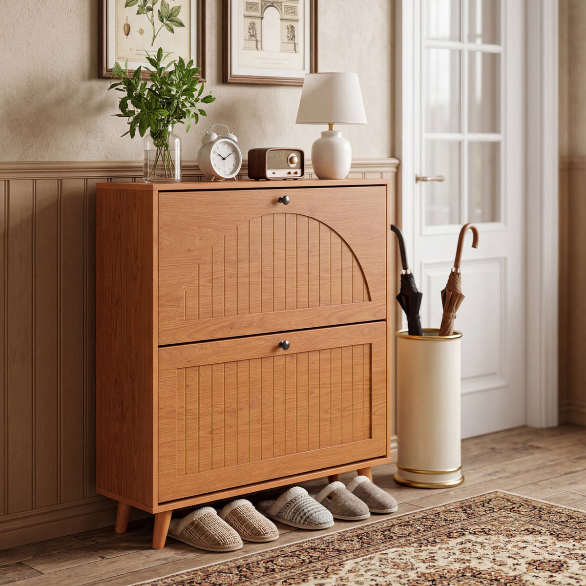 Narrow Shoe Cabinet with Adjustable Shelves - Oak