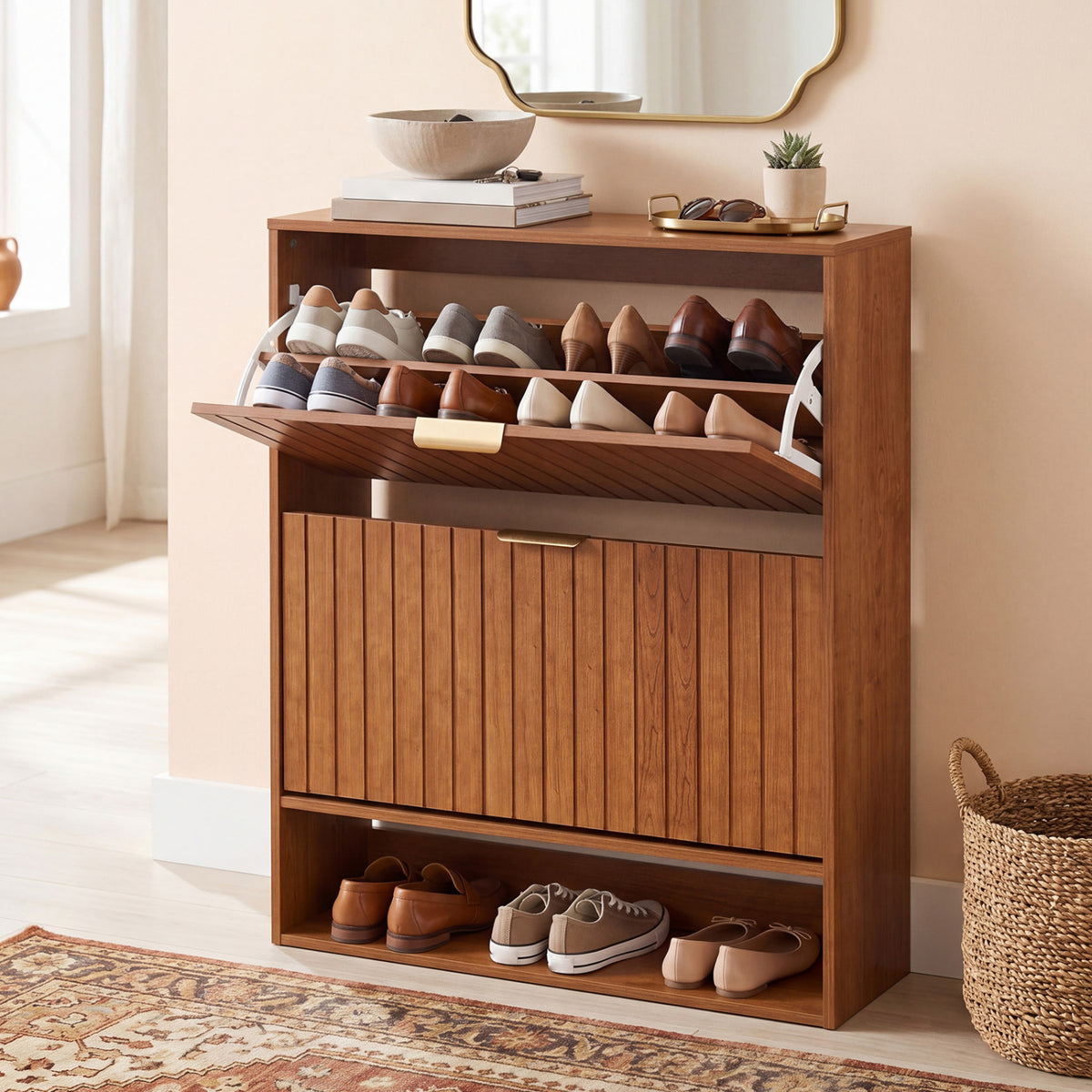 Fluted Shoe Cabinet with 2 Flip Drawers & Open Storage - Walnut