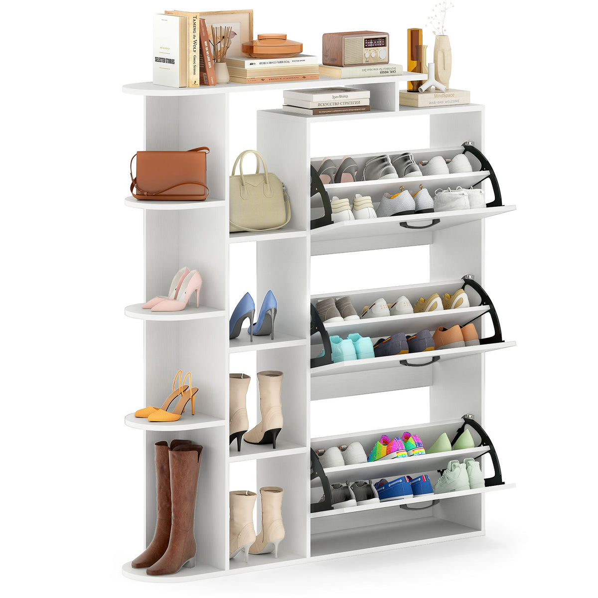 Shoe Cabinet with Open Shelves & 3 Flip Drawers – White