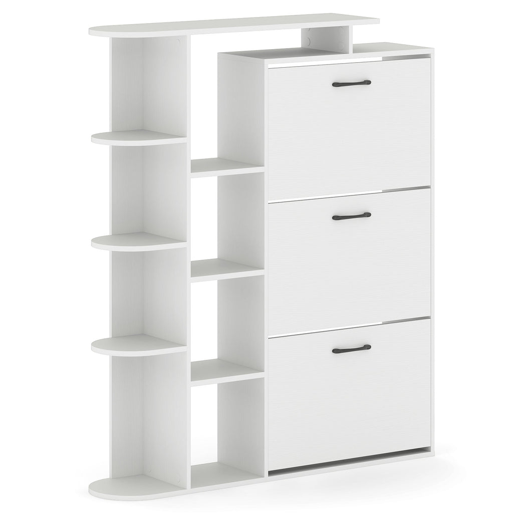 Shoe Cabinet with Open Shelves & 3 Flip Drawers – White