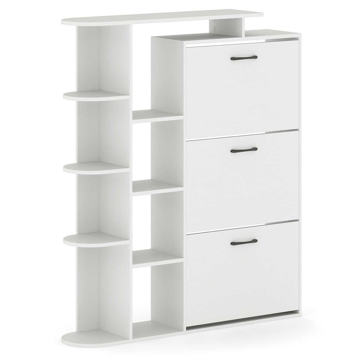 Shoe Cabinet with Open Shelves & 3 Flip Drawers – White