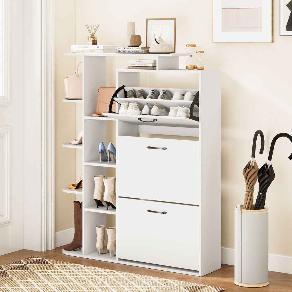 Shoe Cabinet with Open Shelves & 3 Flip Drawers – White