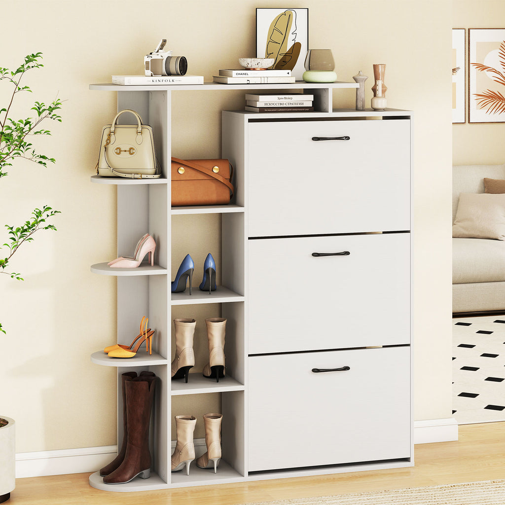 Shoe Cabinet with Open Shelves & 3 Flip Drawers – White