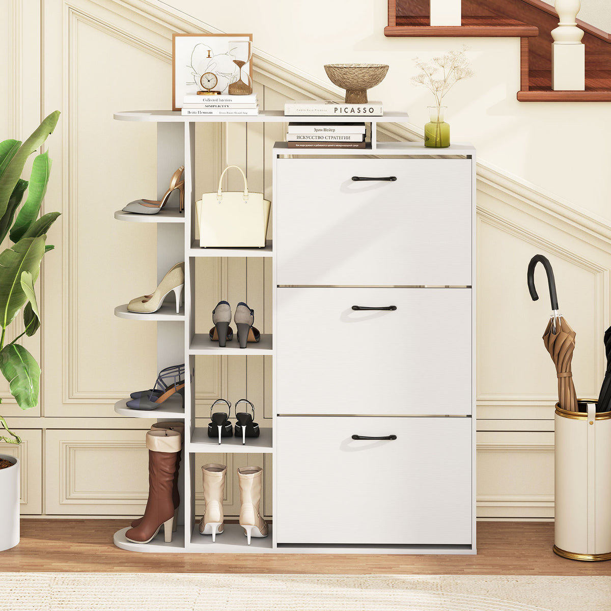 Shoe Cabinet with Open Shelves & 3 Flip Drawers – White