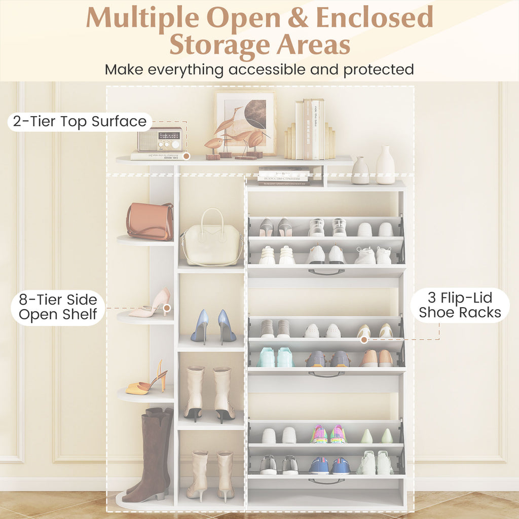 Shoe Cabinet with Open Shelves & 3 Flip Drawers – White