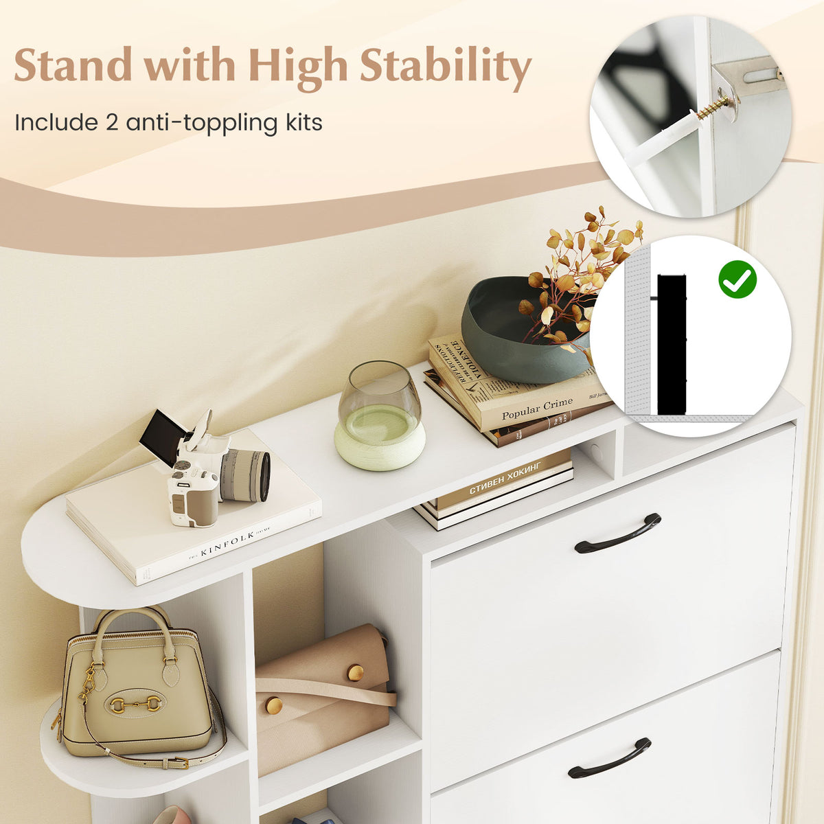 Shoe Cabinet with Open Shelves & 3 Flip Drawers – White