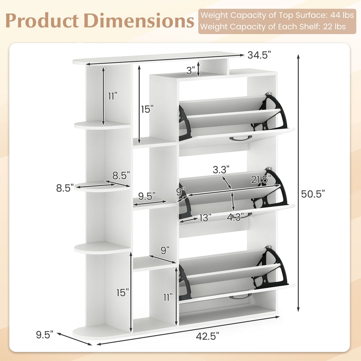 Shoe Cabinet with Open Shelves & 3 Flip Drawers – White