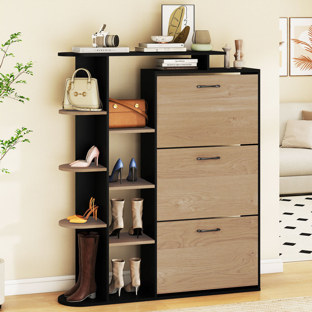 Shoe Cabinet with Open Shelves & 3 Flip Drawers – White