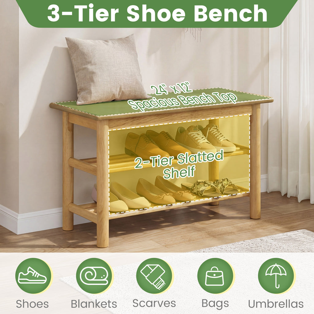 Shoe Rack Bench 3-Tier Rubberwood Changing
