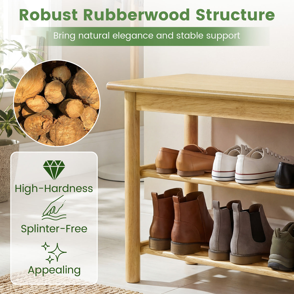 Shoe Rack Bench 3-Tier Rubberwood Changing
