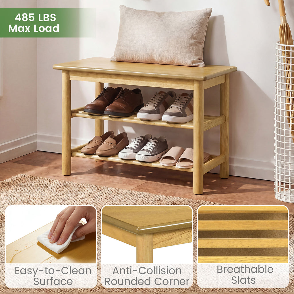 Shoe Rack Bench 3-Tier Rubberwood Changing