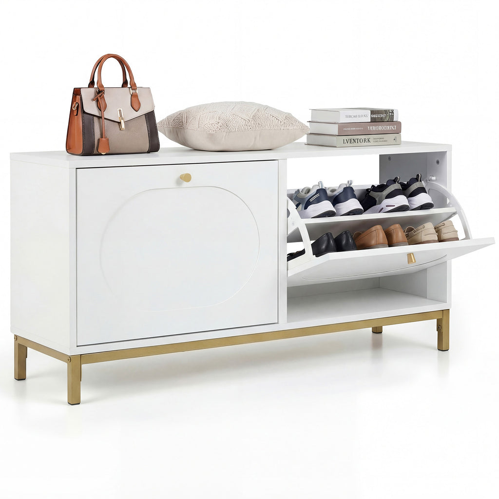 Shoe Storage Bench with 2 Flip Drawers & Adjustable Shelves - White