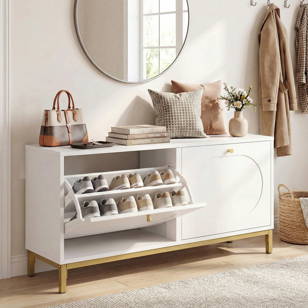 Shoe Storage Bench with 2 Flip Drawers & Adjustable Shelves - White