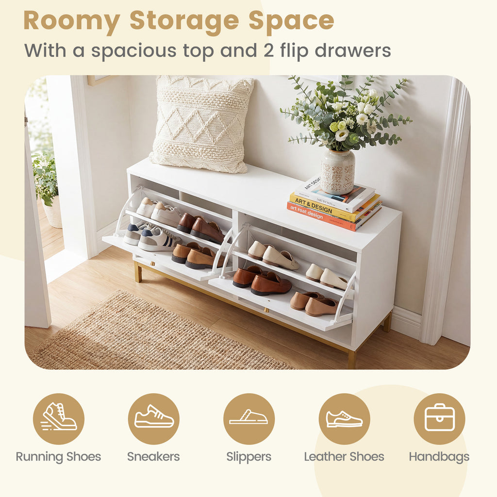 Shoe Storage Bench with 2 Flip Drawers & Adjustable Shelves - White