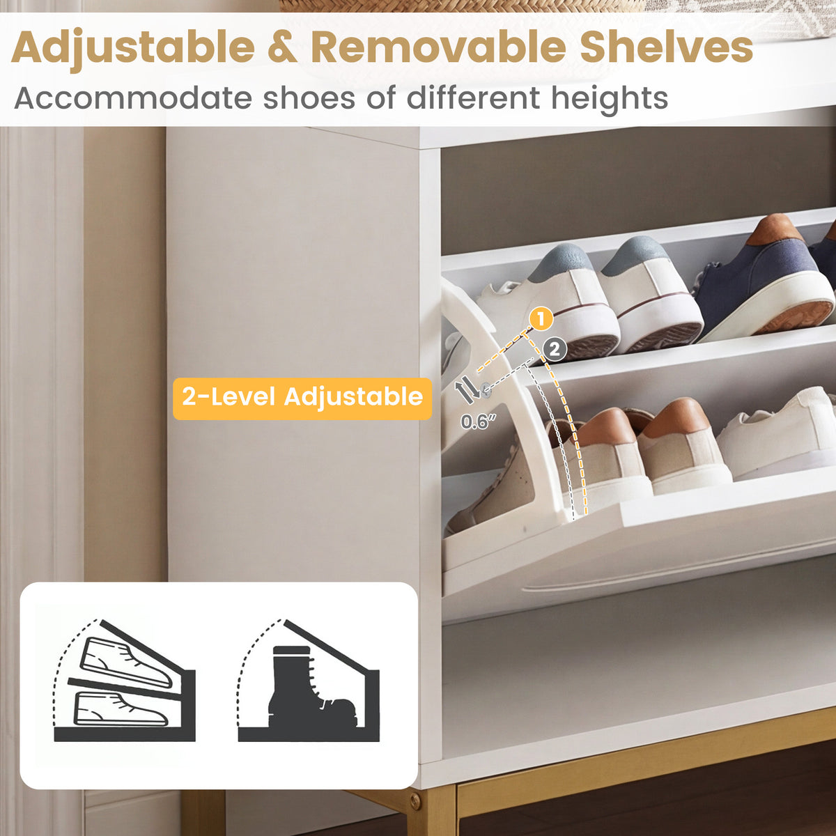 Shoe Storage Bench with 2 Flip Drawers & Adjustable Shelves - White