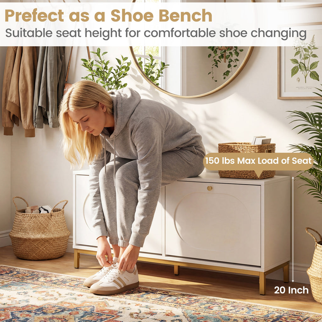 Shoe Storage Bench with 2 Flip Drawers & Adjustable Shelves - White