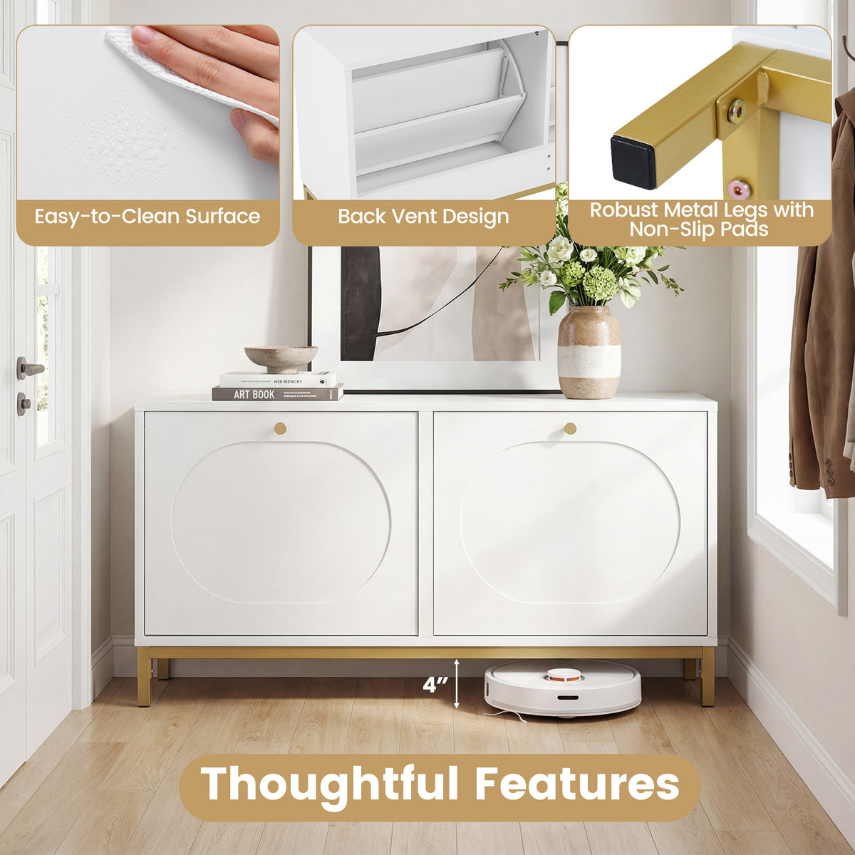 Shoe Storage Bench with 2 Flip Drawers & Adjustable Shelves - White