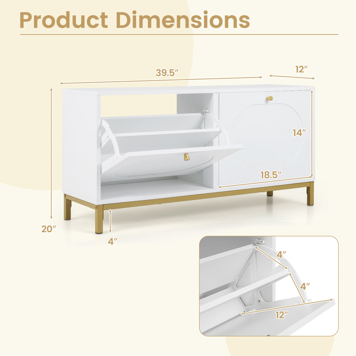 Shoe Storage Bench with 2 Flip Drawers & Adjustable Shelves - White