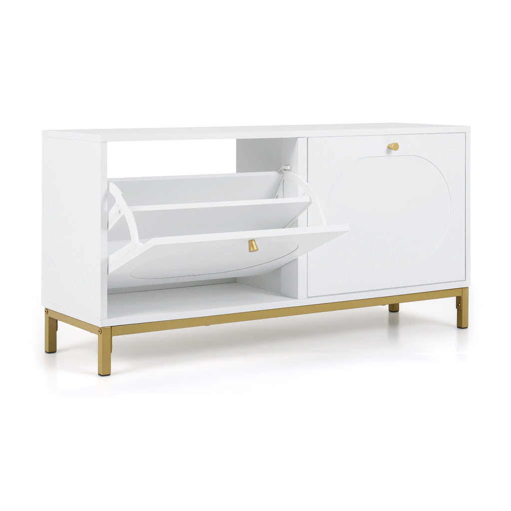 Shoe Storage Bench with 2 Flip Drawers & Adjustable Shelves - White