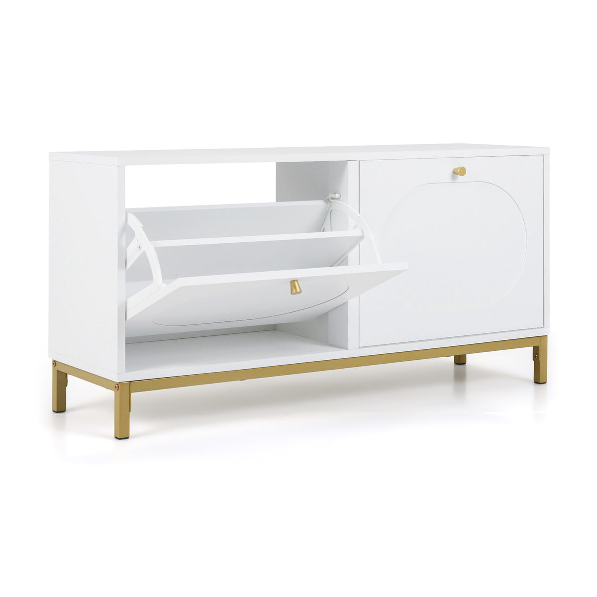 Shoe Storage Bench with 2 Flip Drawers & Adjustable Shelves - White